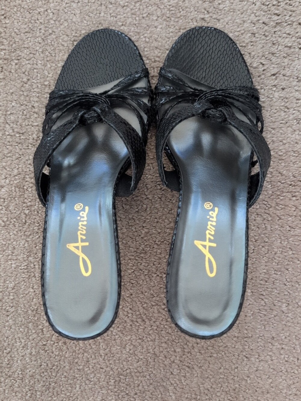 Annie Black Faux Leather Snakeskin Strappy Slip-on Kitten Heel Sandals - Picture 2 of 4